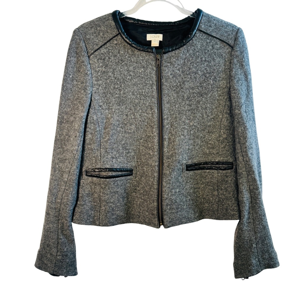 J.Crew Wool Blend Moto Jacket Faux Leather Trim Gray Marl Sz L Quiet Luxury Chic